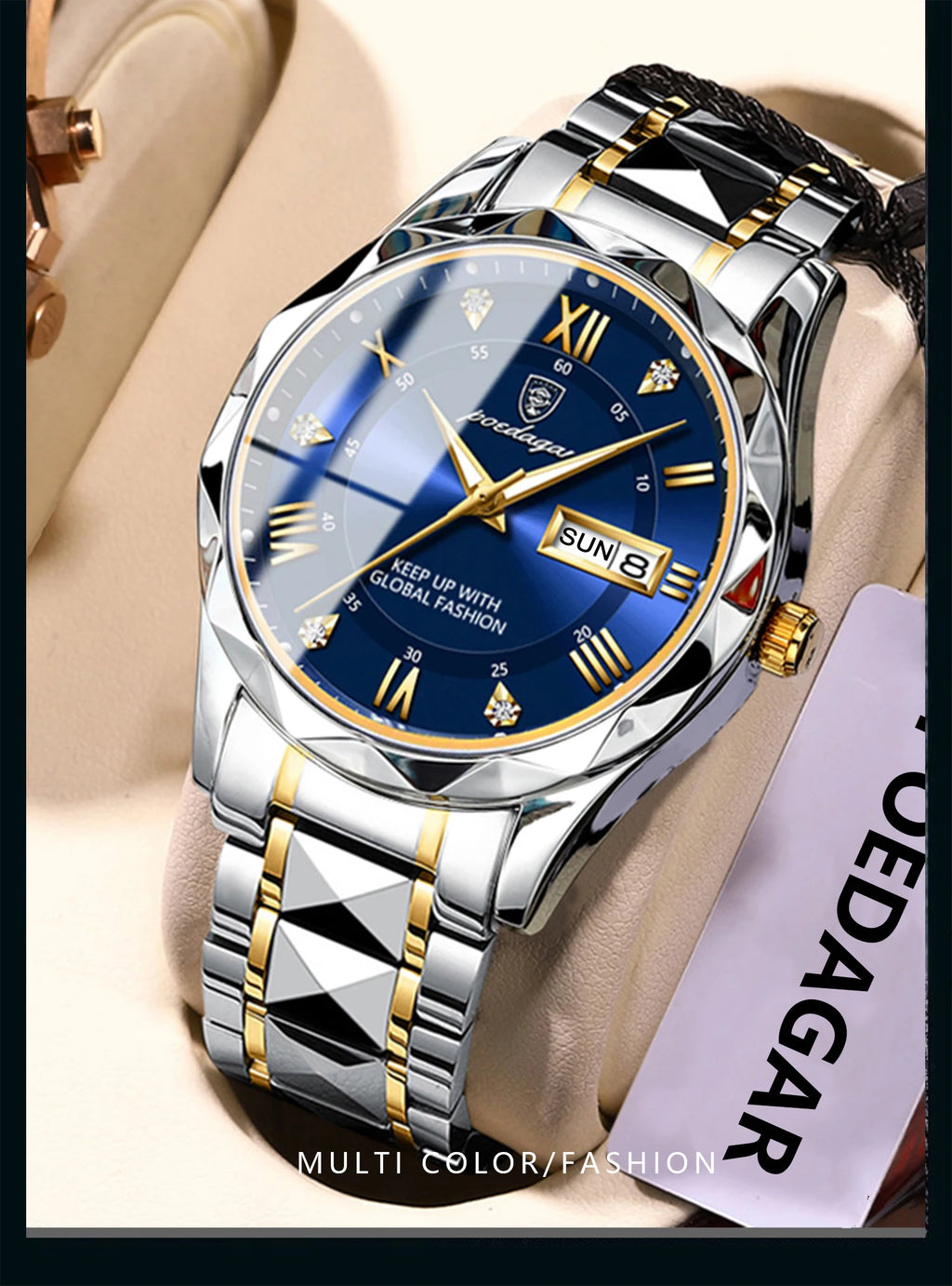 POEDAGAR Luxury Men's Business Watch - Stainless Steel Waterproof with Date & Week Display, Luminous Hands, Roman Numeral Dial