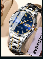 POEDAGAR Luxury Men's Business Watch - Stainless Steel Waterproof with Date & Week Display, Luminous Hands, Roman Numeral Dial