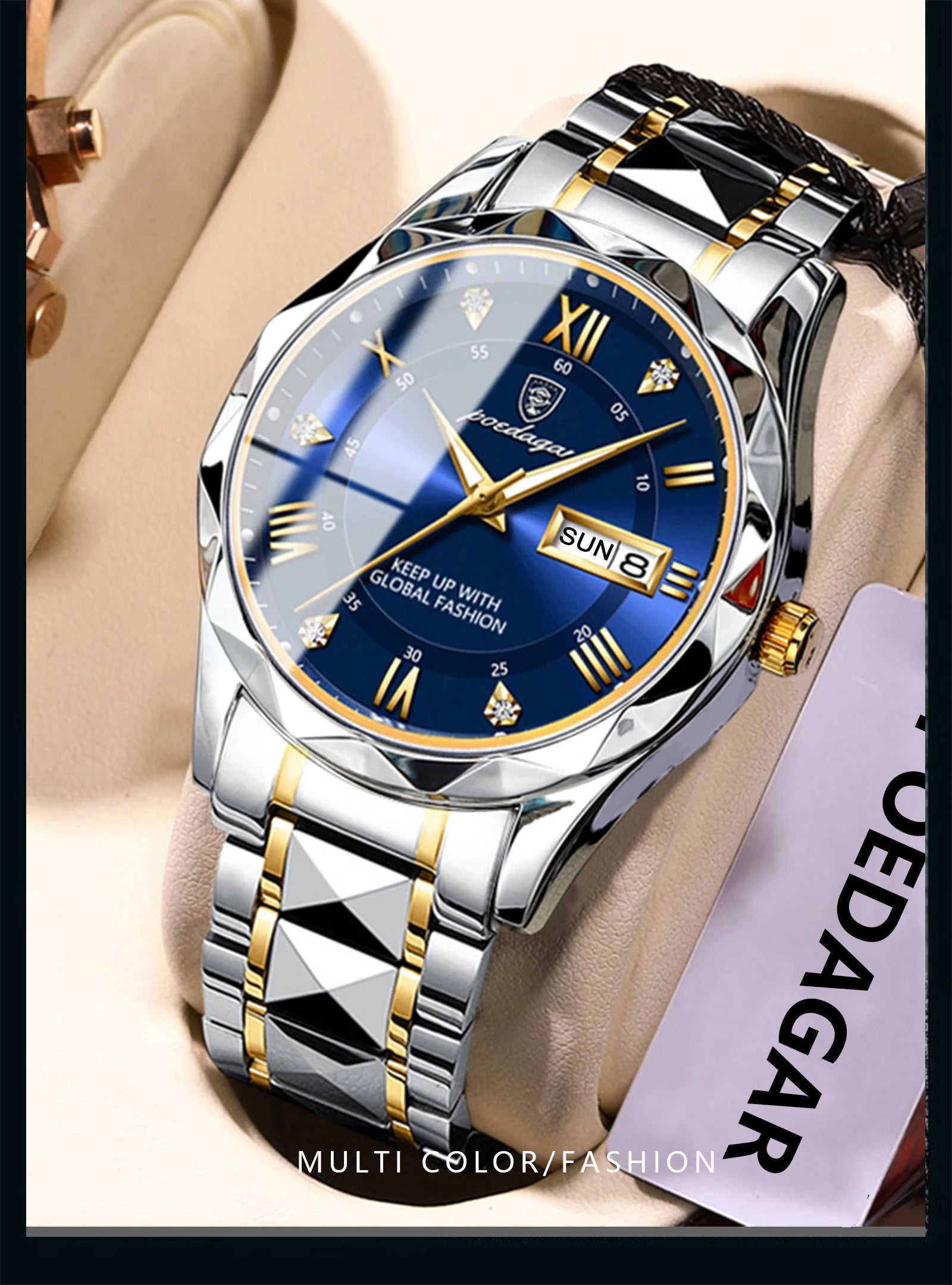 POEDAGAR Luxury Men's Business Watch - Stainless Steel Waterproof with Date & Week Display, Luminous Hands, Roman Numeral Dial