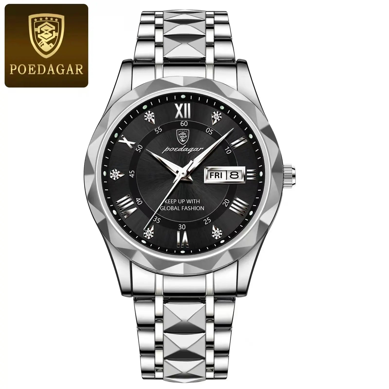 POEDAGAR Luxury Men's Business Watch - Stainless Steel Waterproof with Date & Week Display, Luminous Hands, Roman Numeral Dial