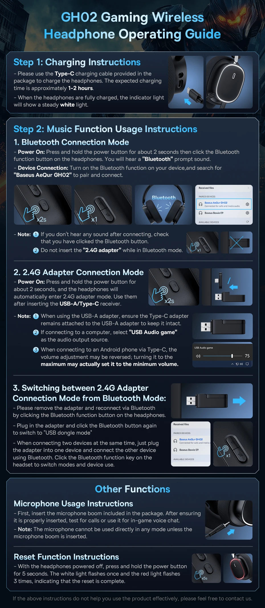 Baseus AeQur GH02 Gaming Wireless Headphones - Triple Mode 2.4G/Bluetooth 5.3/Wired, 40H Playtime, Chatmix, 4-Speaker Driver, App Control