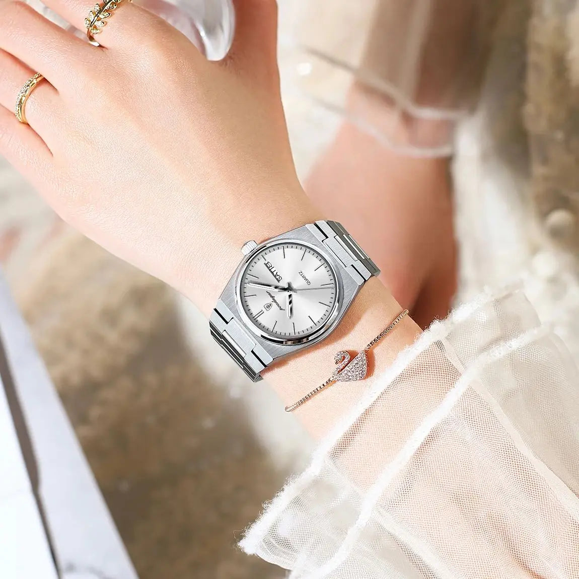 POEDAGAR Women's Watch with Date & Week Display - Waterproof Stainless Steel Luminous Dress Watch, Elegant Business Quartz Watch