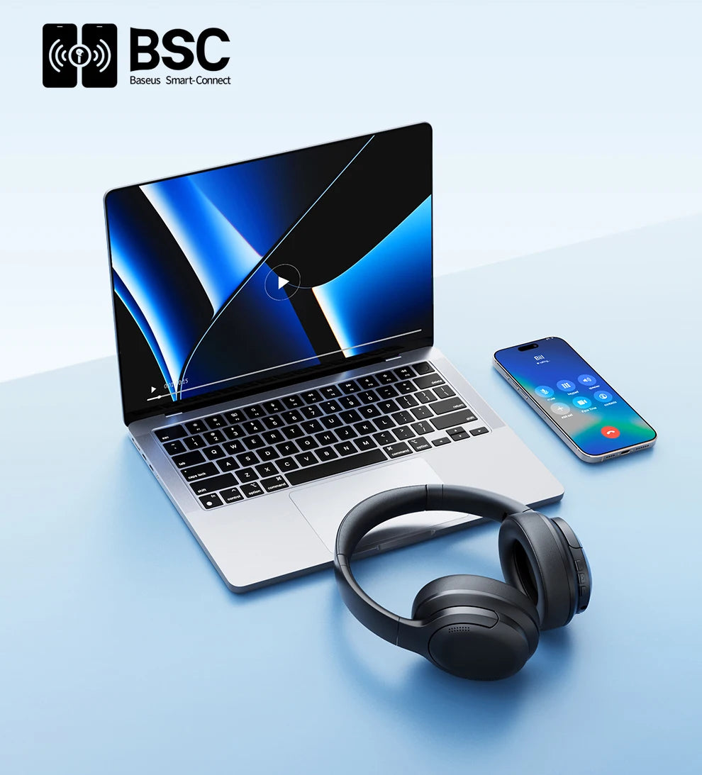 Baseus BH1 Lite Wireless Headphones - Bluetooth 6.0, 80H Playtime, Super Bass, ENC Clear Call, Lightweight Over-Ear Headset with Dual Connect