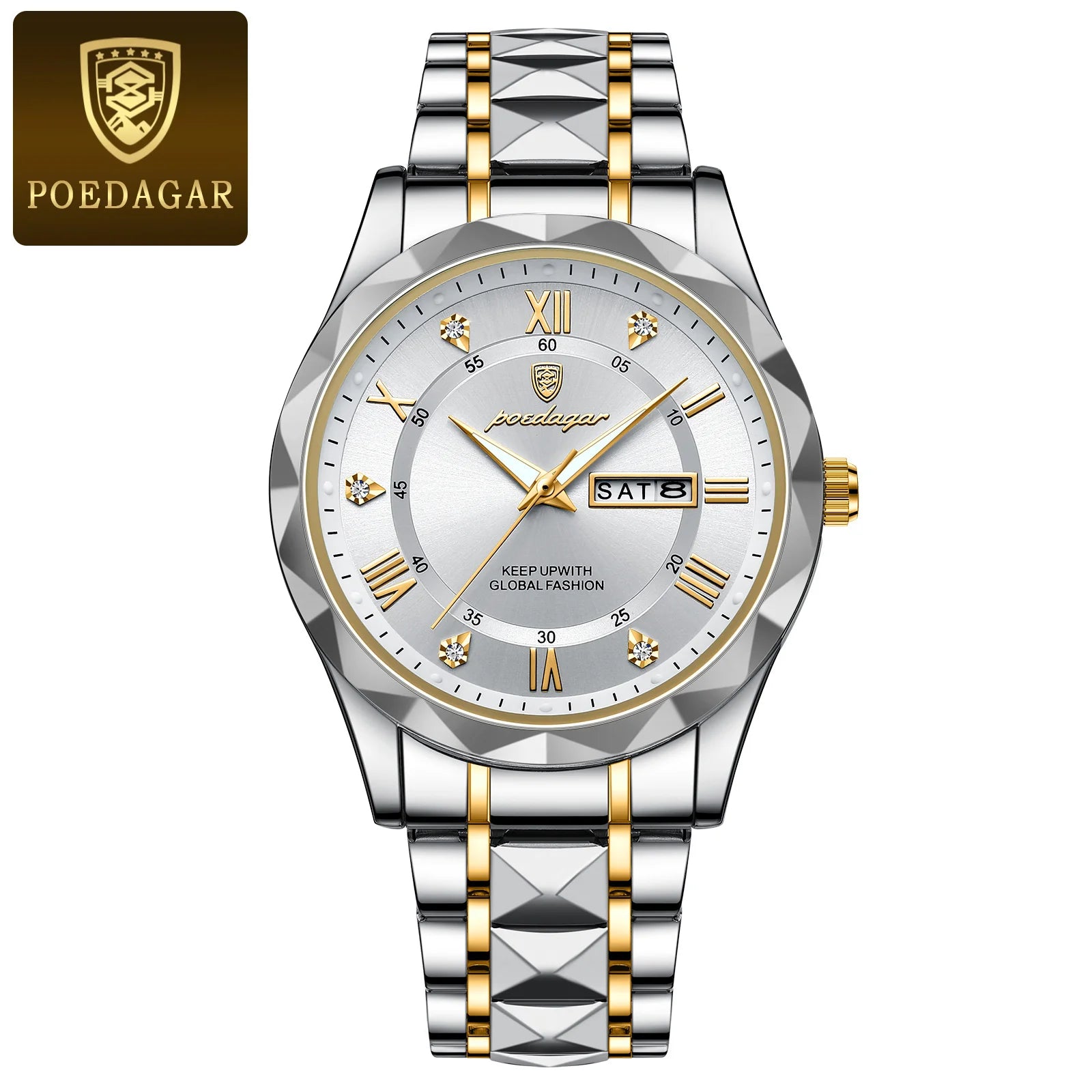POEDAGAR Luxury Men's Business Watch - Stainless Steel Waterproof with Date & Week Display, Luminous Hands, Roman Numeral Dial