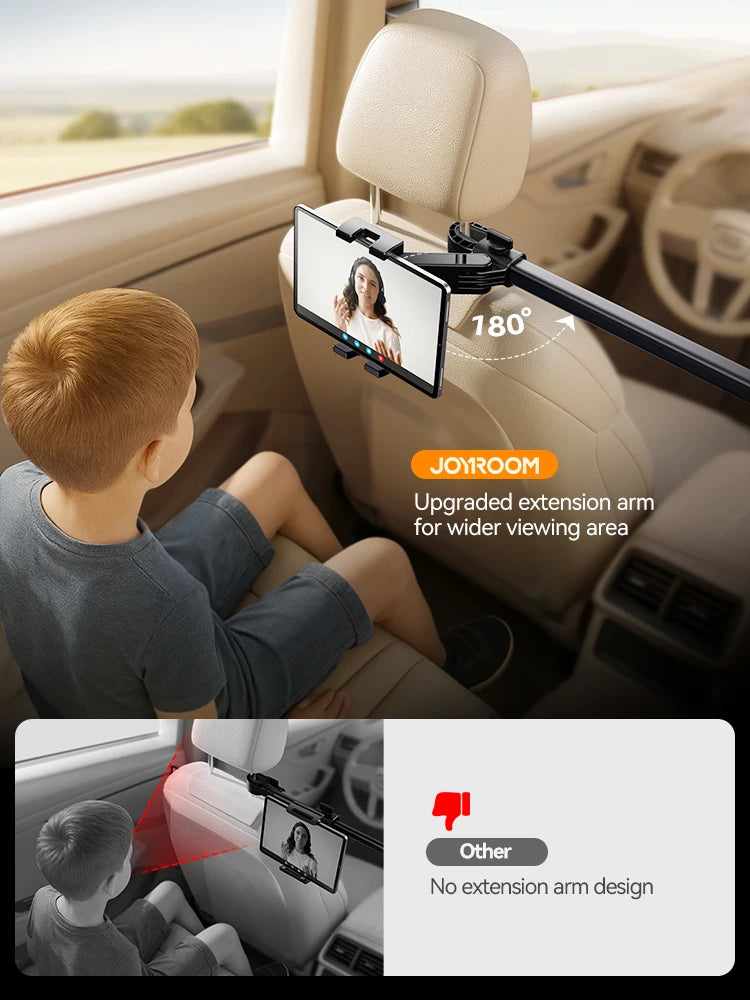 Joyroom Car Tablet Holder with Extension Arm - Adjustable Headrest Mount for Back Seat, Fits iPad Pro 13", Galaxy Tab, 4.7-13" Devices