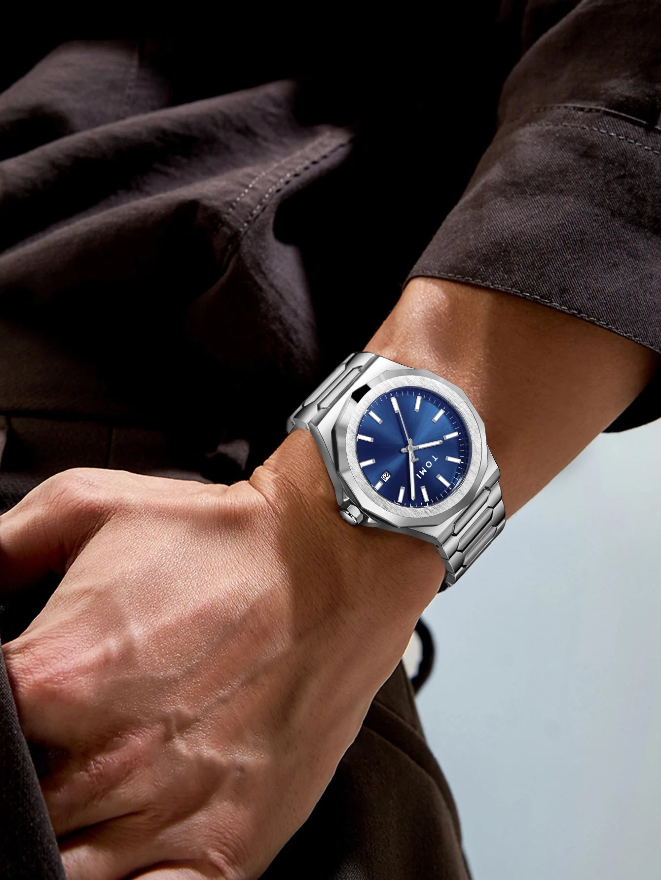 TOMI Luxury Men's Watch Gift Set - Rose Gold Case & Stainless Steel Bracelet, Business Quartz Watch with Complete Calendar, Ring & Brooch