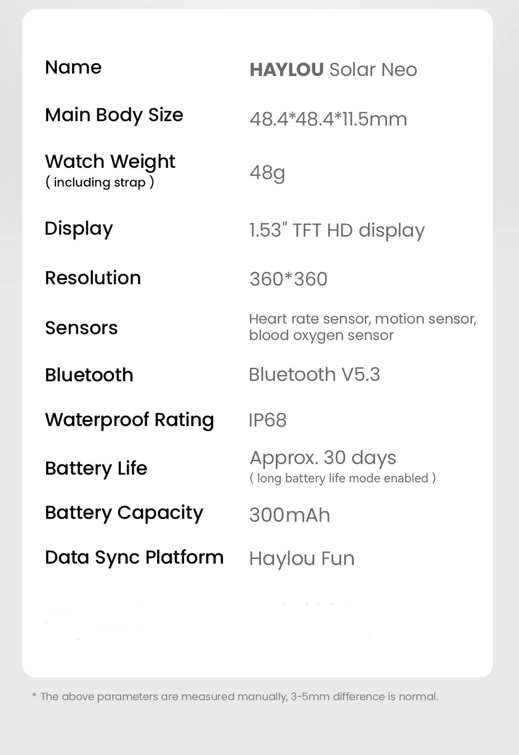 HAYLOU Solar Neo Smart Watch - Bluetooth Calling, 30-Day Battery, IP68 Waterproof, 127 Sports Modes, 24/7 Health Monitor, 1.53" HD Display