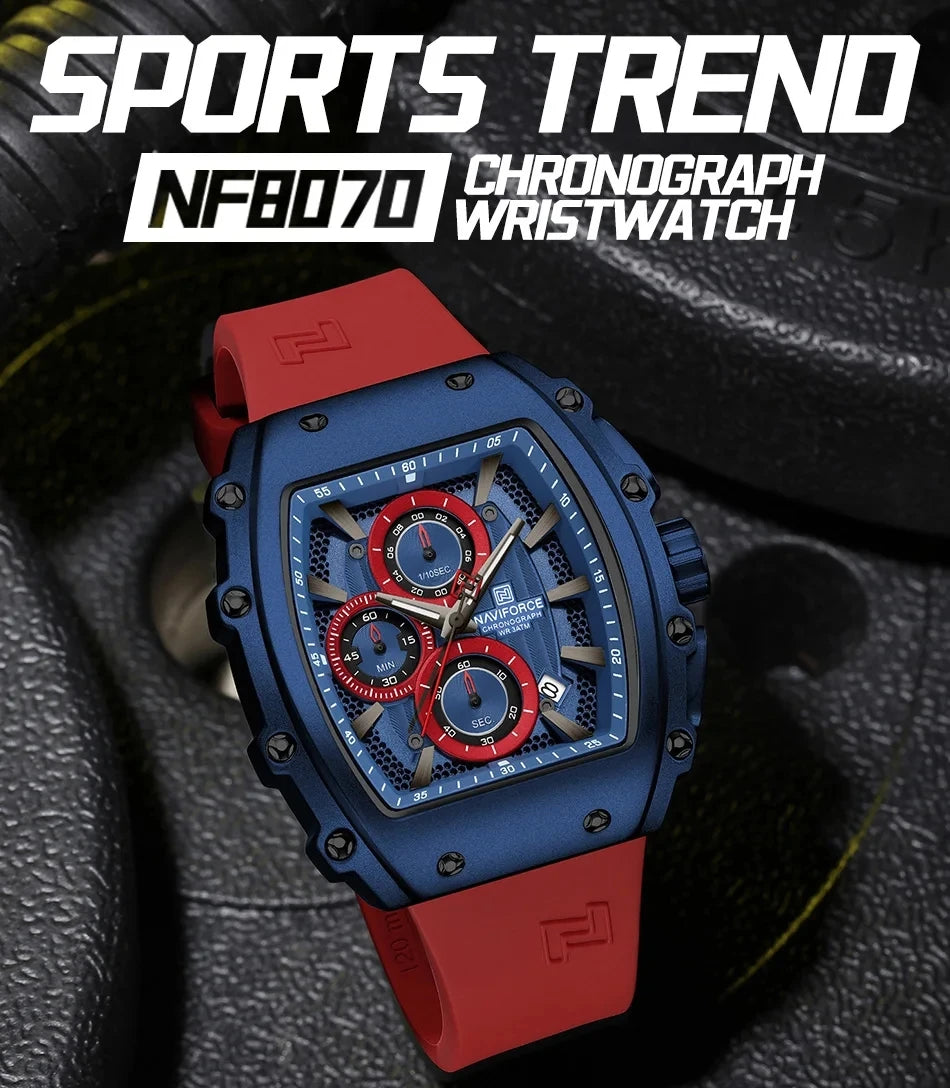 NAVIFORCE 8070 Men's Chronograph Watch - Waterproof Sport Watch with Luminous Hands, Silicone Strap, Calendar, Luxury Fashion Wristwatch