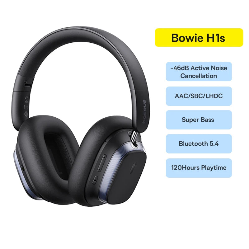 Baseus Bowie H1s Wireless Headphones - Bluetooth 5.4 with 46dB Hybrid ANC, 120H Playtime, Hi-Res Spatial Audio, 0.06s Low Latency, Foldable Over-Ear Headset