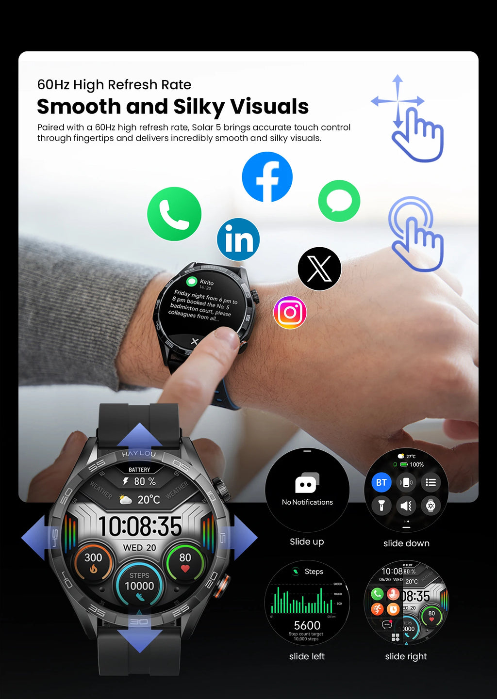 HAYLOU Solar 5 Smart Watch with Bluetooth Calling - 1.58" AMOLED 60Hz Display, 40-Day Battery, 100+ Sports Modes, 24/7 Health Monitor, IP68 Waterproof