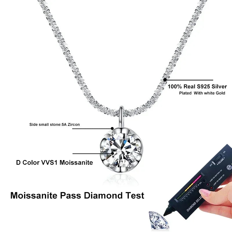 NeeTim 2 Carat Moissanite Pendant Necklace - D Color VVS1, S925 Sterling Silver, with Certificate, Elegant Wedding & Party Jewelry for Women