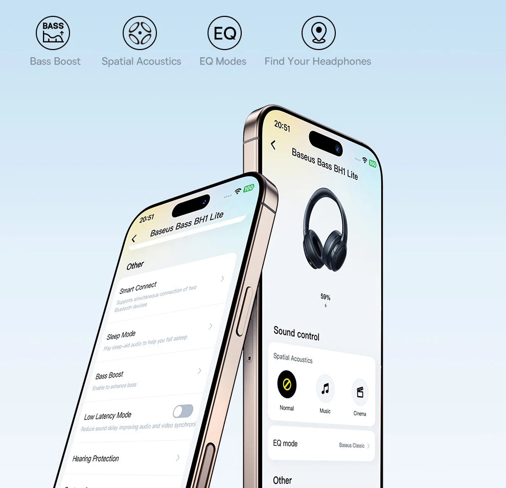 Baseus BH1 Lite Wireless Headphones - Bluetooth 6.0, 80H Playtime, Super Bass, ENC Clear Call, Lightweight Over-Ear Headset with Dual Connect