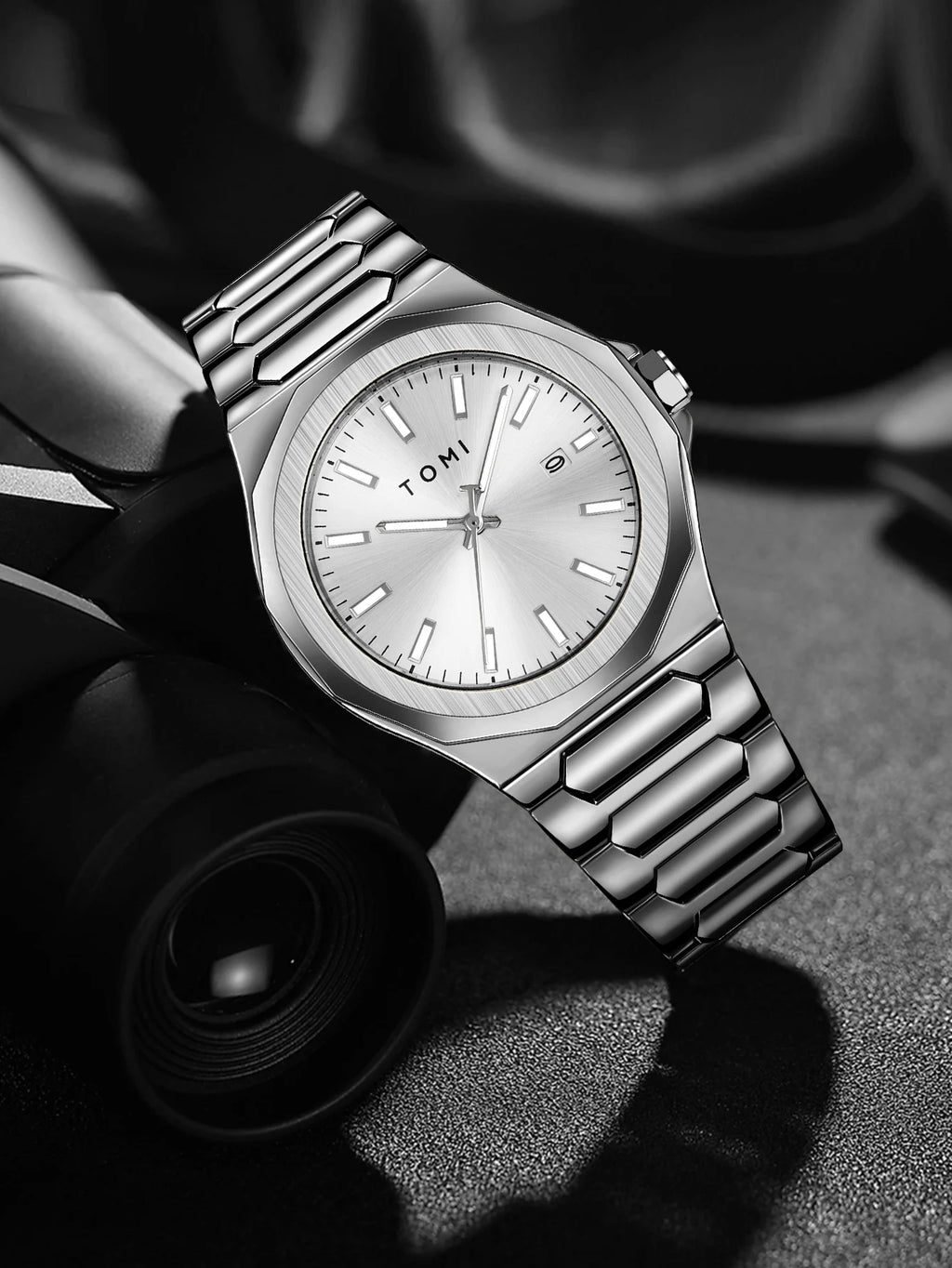 TOMI Luxury Men's Watch Gift Set - Rose Gold Case & Stainless Steel Bracelet, Business Quartz Watch with Complete Calendar, Ring & Brooch