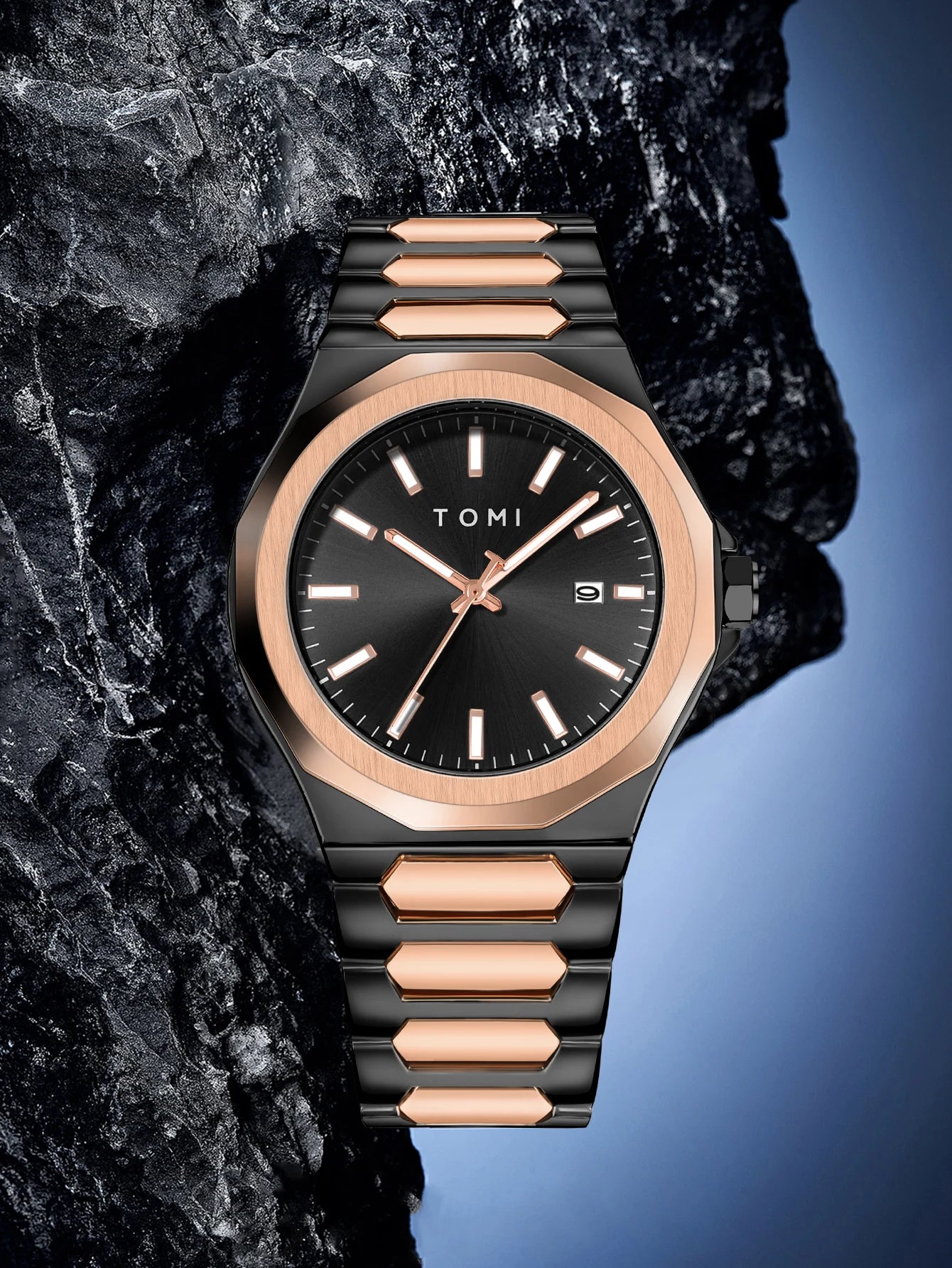 TOMI Luxury Men's Watch Gift Set - Rose Gold Case & Stainless Steel Bracelet, Business Quartz Watch with Complete Calendar, Ring & Brooch