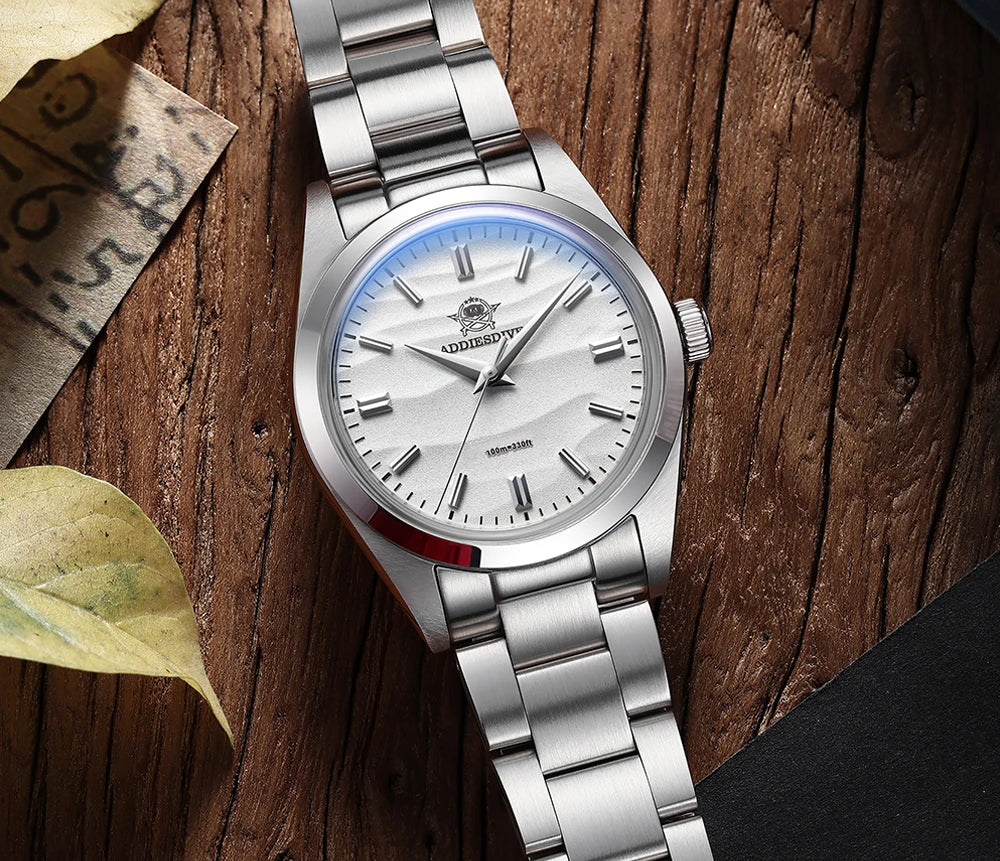 ADDIESDIVE AD2030 Men's Quartz Watch - 36mm 316L Stainless Steel, 100M Waterproof, Sand Dial, AR Coated Dome Glass, Dive-Style Watch